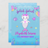 マーメイドおもしろい子猫パーメイドプールパーティー誕生日 招待状 (正面/裏面)