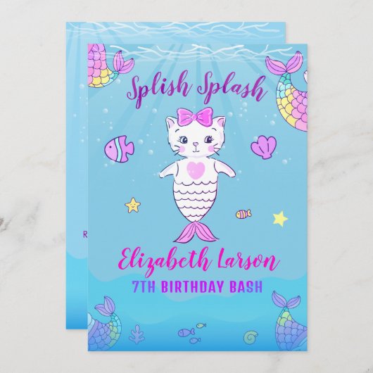 マーメイドおもしろい子猫パーメイドプールパーティー誕生日 招待状 (正面/裏面)