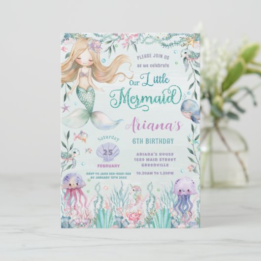 マーメイドお洒落アンダーザシープール誕生日 招待状 (スタンド正面)