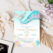 マーメイドお洒落ガールベビーシャワーティール(緑がかった色)ピンク金ゴールド 招待状