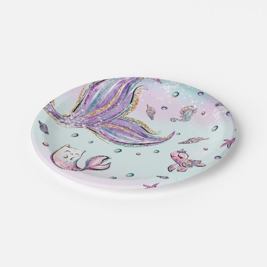 マーメイドお洒落ザシーマーキャット誕生日 ペーパープレート (アングル)