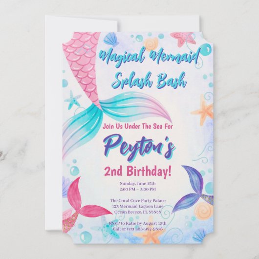 マーメイドお洒落テール誕生日パステル 招待状 (正面)