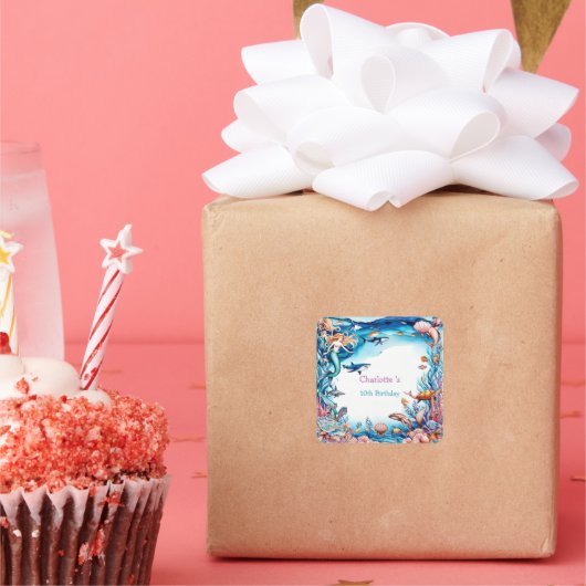 マーメイドお洒落レインボー海の誕生日パーティー スクエアシール (パーティー)