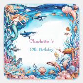 マーメイドお洒落レインボー海の誕生日パーティー スクエアシール (正面)