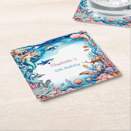 マーメイドお洒落レインボー海の誕生日パーティー スクエアペーパーコースター