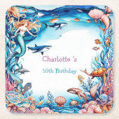 マーメイドお洒落レインボー海の誕生日パーティー スクエアペーパーコースター (正面)