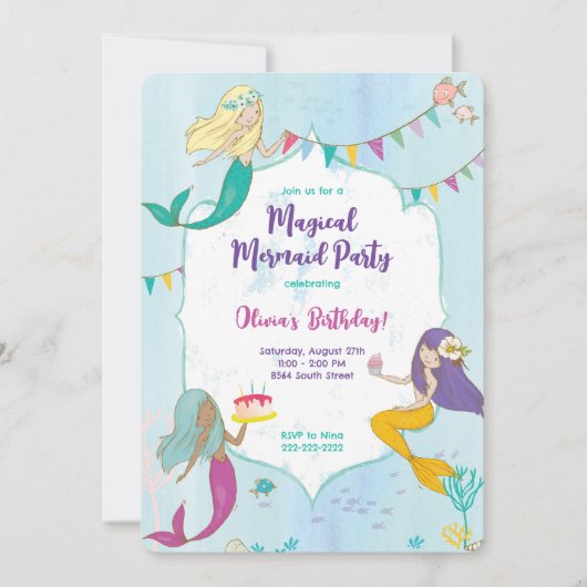 マーメイドお洒落誕生日パーティー 招待状 (正面)