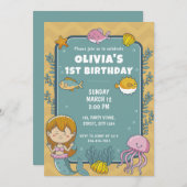 マーメイドかわいい女の子1st誕生日パーティー 招待状 (正面/裏面)