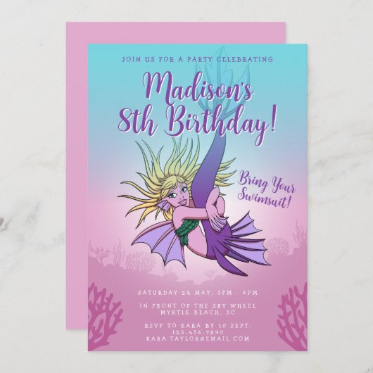 マーメイドかわいい漫画ガール8誕生日 招待状 (正面/裏面)