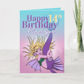 マーメイドかわいい紫色の漫画ガール14誕生日 カード (正面)