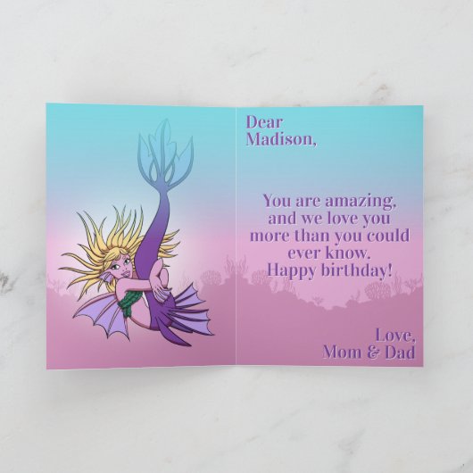 マーメイドかわいい紫色の漫画ガール14誕生日 カード (内部)