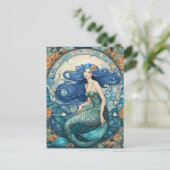 マーメイドかわいらしアールヌーボーアールデコブルー ポストカード (スタンド正面)