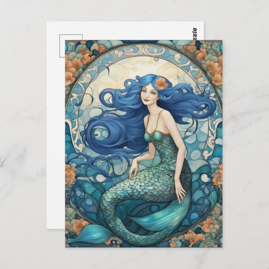マーメイドかわいらしアールヌーボーアールデコブルー ポストカード (正面/裏面)