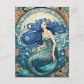 マーメイドかわいらしアールヌーボーアールデコブルー ポストカード (正面)