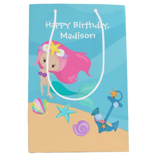 マーメイドかわいらしガールカスタム子供の誕生日パーティー ミディアムペーパーバッグ (正面)