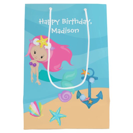 マーメイドかわいらしガールカスタム子供の誕生日パーティー ミディアムペーパーバッグ (裏面)