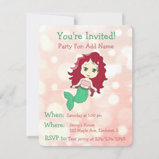 マーメイドかわいらしバースデーパーティ招待状 招待状 (正面)
