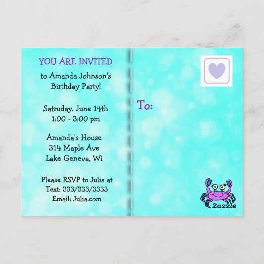 マーメイドかわいらし誕生日招待状 ポストカード (裏面)