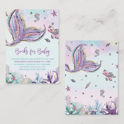 マーメイドが赤ちゃんシャワー用のブックカードを持って来る エンクロージャーカード (正面/裏面)