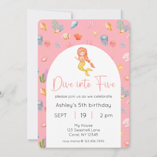 マーメイドが5つの誕生日写真に飛び込む 招待状 (正面)