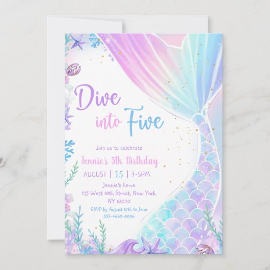 マーメイドが5歳の誕生日パーティーにダイビング 招待状 (正面)