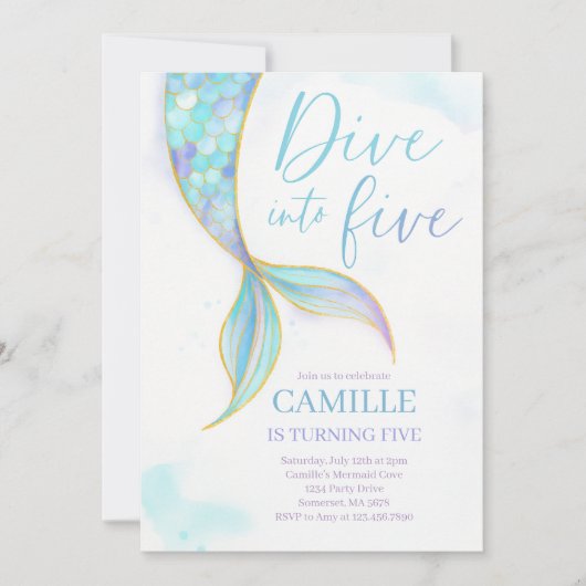 マーメイドが5歳の誕生日パーティーにダイビング 招待状 (正面)