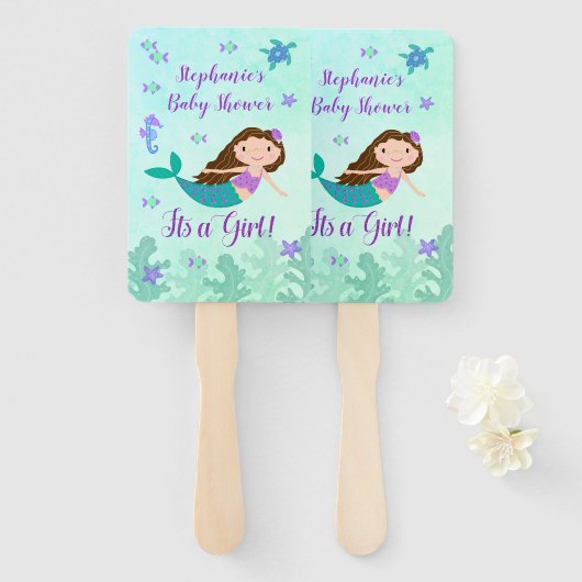 マーメイドその女の子の赤ちゃんシャワーパーソナライズされた ハンドファン (正面&裏面)