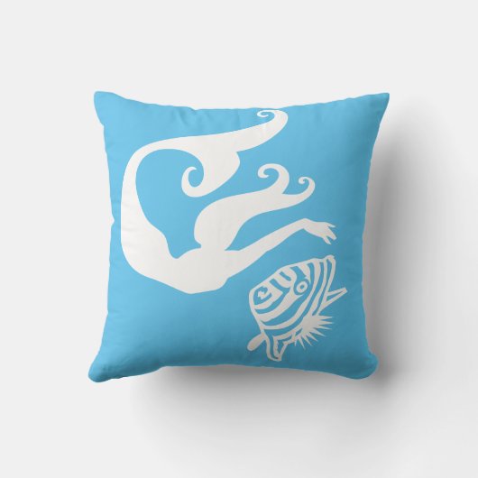 マーメイドとエンジェルの魚の青い枕の白 クッション (裏面)