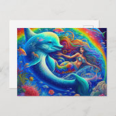 マーメイドとカラフルドルフィン1990年代スタイル ポストカード (正面/裏面)