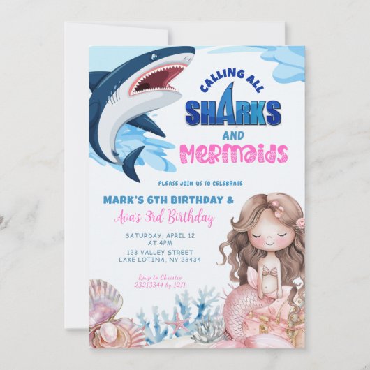 マーメイドとサメの夏の共同誕生日 招待状 (正面)