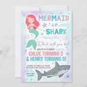 マーメイドとサメの誕生日パーティーの招待状 招待状 (正面)