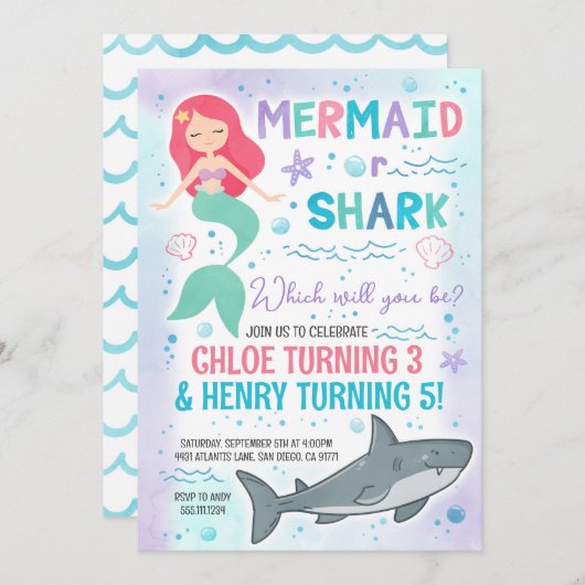 マーメイドとサメの誕生日パーティーの招待状 招待状 (正面/裏面)