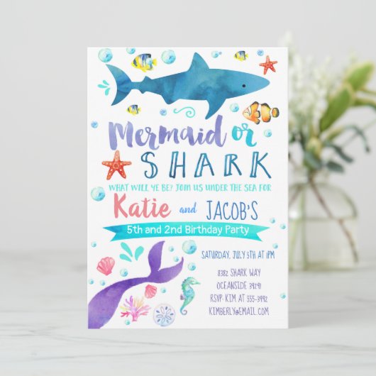 マーメイドとサメ招待状誕生日パーティシー 招待状 (スタンド正面)