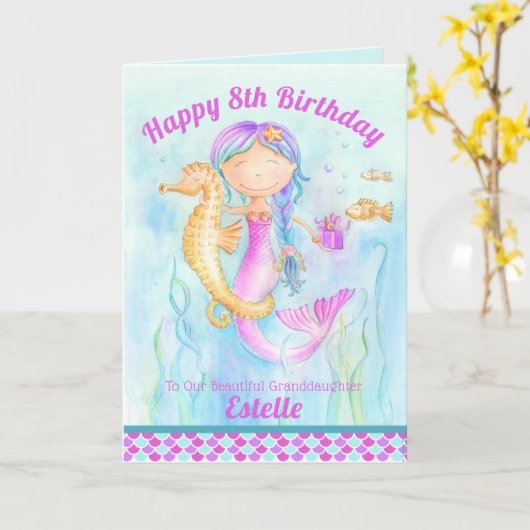 マーメイドとシーホースのホイムシーな水彩の誕生日 カード (黄色い花)