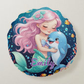 マーメイドとドルフィンラウンドピロー – 名前をカスタムする ラウンドクッション (裏面)