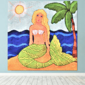 マーメイドとパームツリー抽象芸術デジ絵画タル キャンバスプリント (インサイチュ (ウッドフロア))