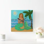 マーメイドとパームツリー絵画抽象芸術ズスクエアワル スクエア壁時計 (ホーム)