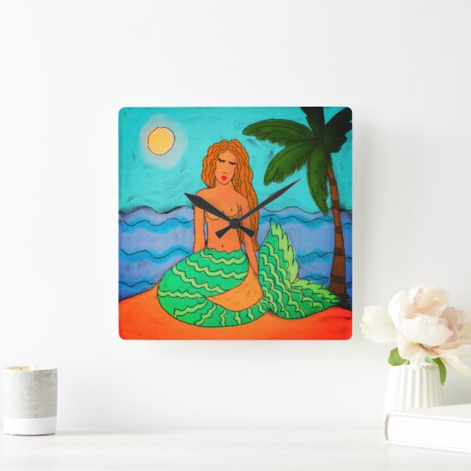 マーメイドとパームツリー絵画抽象芸術 スクエア壁時計 (ホーム)
