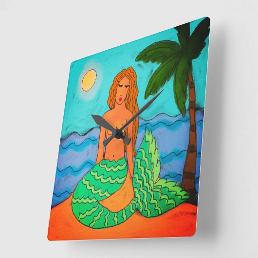 マーメイドとパームツリー絵画抽象芸術 スクエア壁時計 (傾斜)