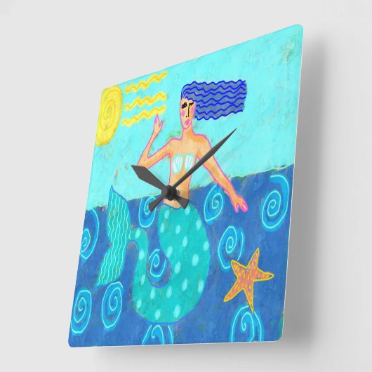 マーメイドとヒトデの抽象芸術アート スクエア壁時計 (傾斜)