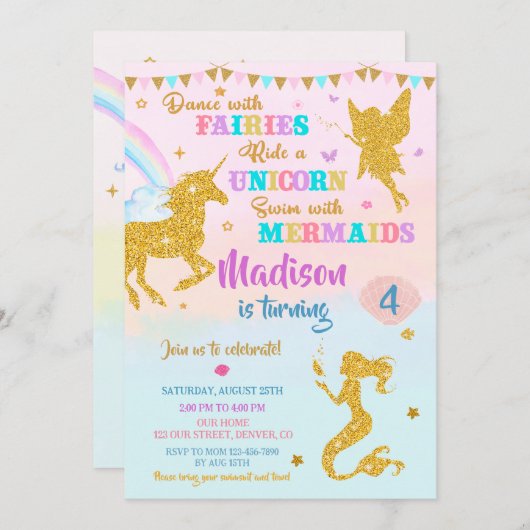 マーメイドとユニコーンの誕生日の招待ガールデイ 招待状 (正面/裏面)