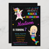 マーメイドとユニコーンの誕生日の招待ダビング 招待状 (正面/裏面)