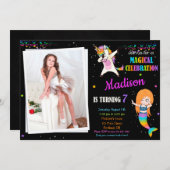 マーメイドとユニコーンの誕生日の招待状ダビング 招待状 (正面/裏面)