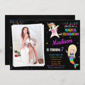 マーメイドとユニコーンの誕生日の招待状ダビング 招待状 (正面/裏面)