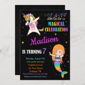 マーメイドとユニコーンの誕生日の招待状ダビング 招待状 (正面/裏面)