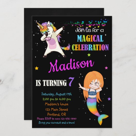 マーメイドとユニコーンの誕生日の招待状ダビング 招待状 (正面/裏面)