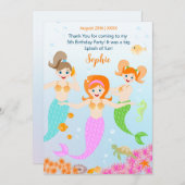 マーメイドと友達のガーリー誕生日パーティー サンキューカード (正面/裏面)