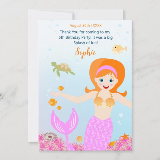マーメイドと友達のガーリー誕生日パーティー サンキューカード (正面)
