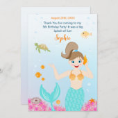 マーメイドと友達のガーリー誕生日パーティー サンキューカード (正面/裏面)