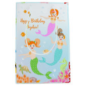 マーメイドと友達のガーリー誕生日パーティー ミディアムペーパーバッグ (正面)